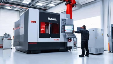 advanced additive CNC machine with operator on a bright white room big machine Haas